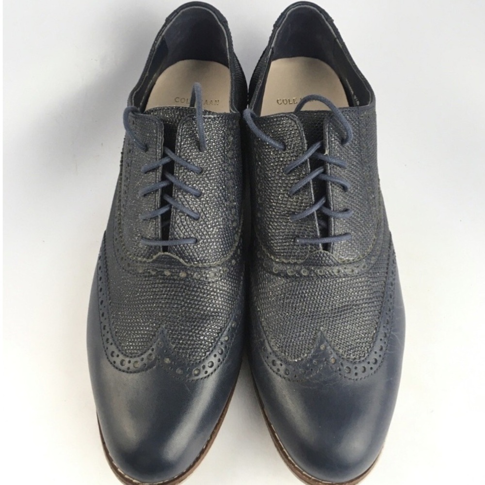 COLE HAAN W00898 Women's Navy Leather Casual Wingtip Oxfords Sz 7.5 Dress Shoes